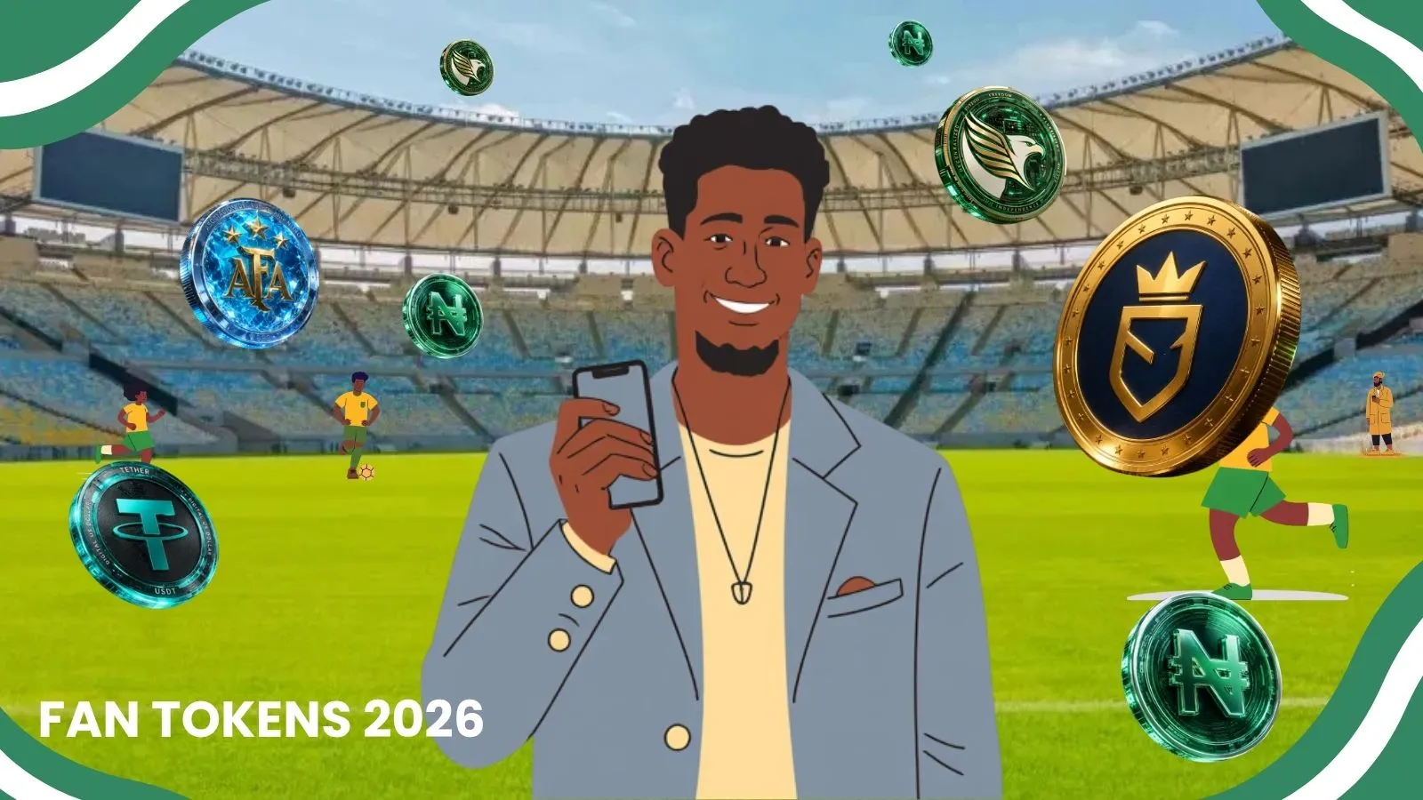 A image of a man in middle futebol camp with cripto token around air