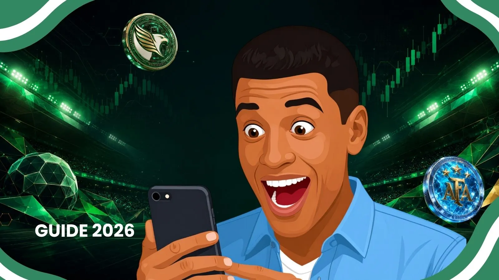 A image of a man using a phone in middle futebol camp with cripto token around air